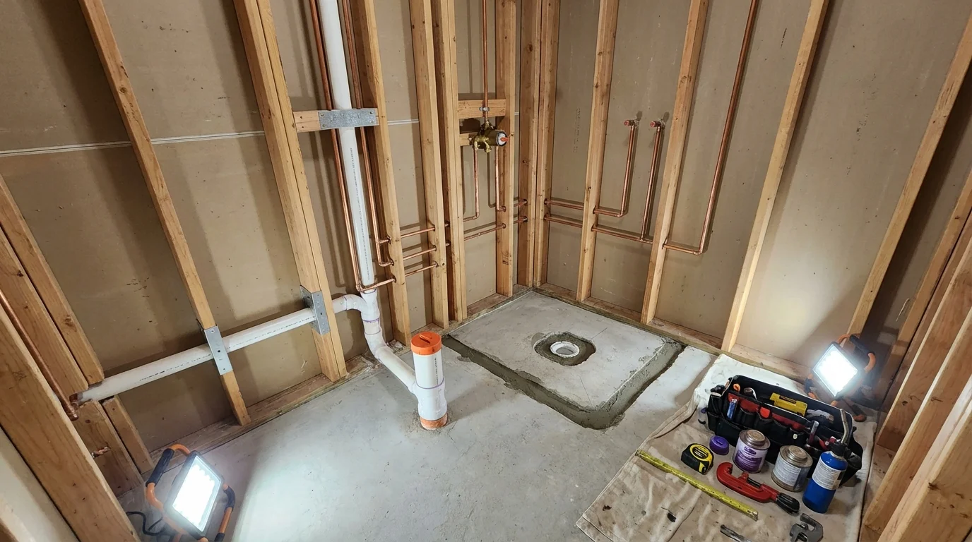 Bathroom rough-in plumbing during remodel by Johns Plumbing LLC in Brighton