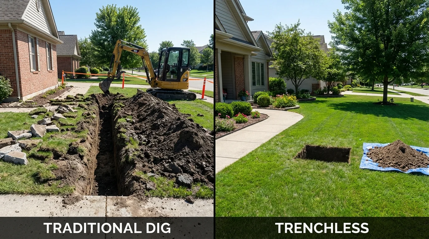 Trenchless sewer repair with minimal yard damage versus traditional excavation in Brighton, TN