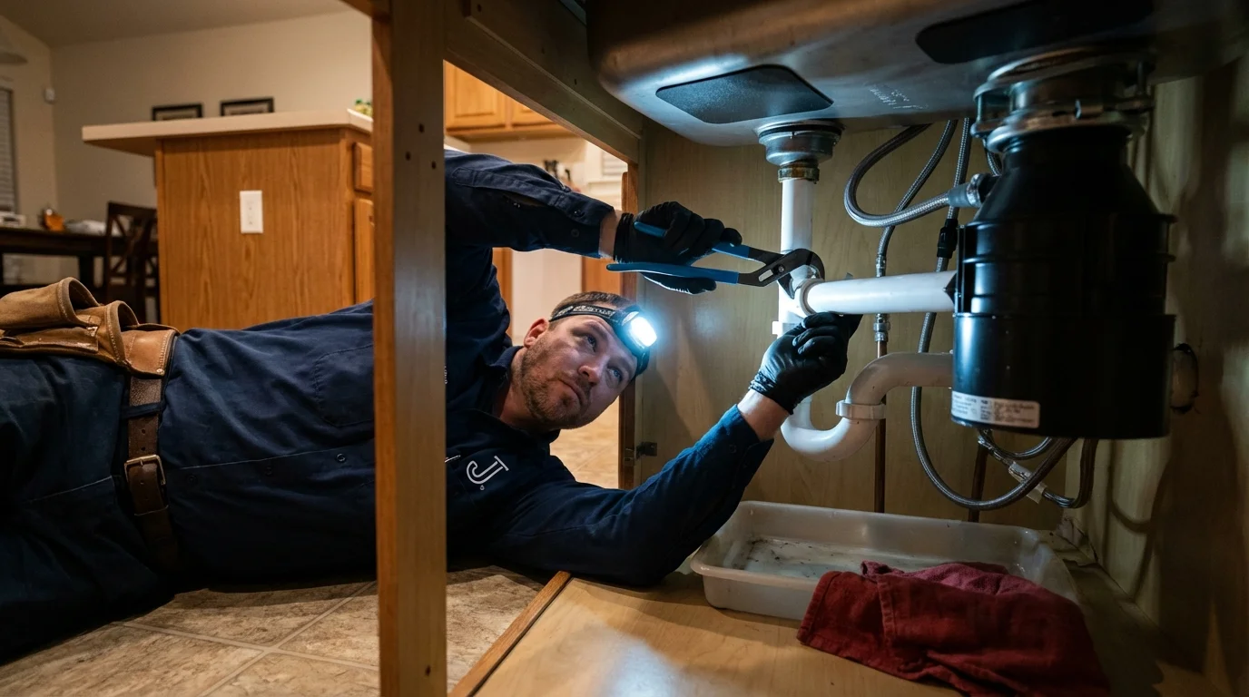 P-trap and supply line connections under a kitchen sink showing a common leak point in Brighton, TN